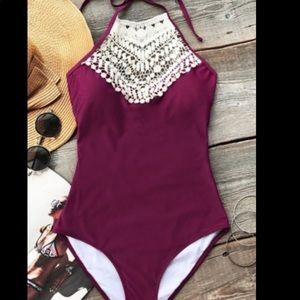 Broken wine halter one piece swim
